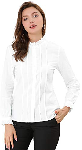 Allegra K Women's Mock Neck Blouse Ruffle Work Office Cotton Pleated Button Up Shirt, White, S