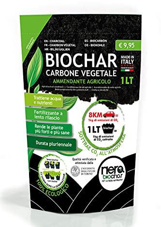 Biochar 1 LT, carbone vegetale, charcoal. E’ un fertilizzante indicato per le colture intensive, l’orticoltura e le piante d’appartamento. LO FACCIAMO IN ITALIA, produciamo solo Biochar.