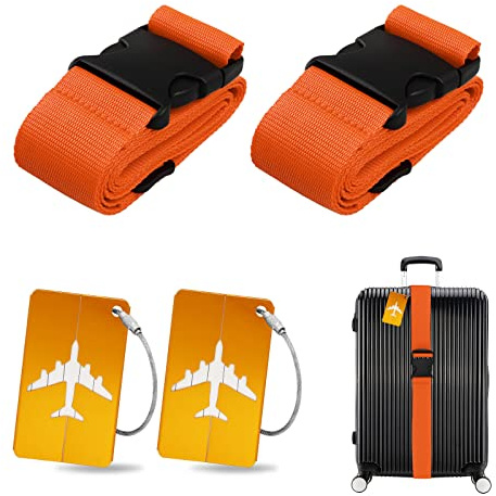 Set de sangles de valise avec étiquettes de bagages, 2 pièces, sangle de bagage avec 2 pièces d'étiquettes de bagages, sangle de valise, cordon personnalisé pour identification rapide des bagages, sac