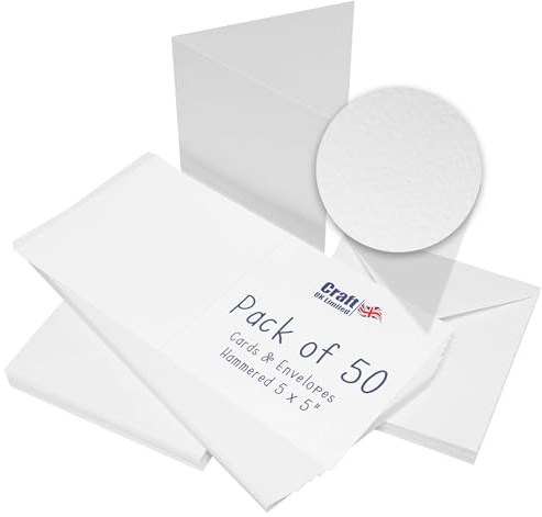 Craft UK, 50 Hammered Blank Cards and Envelopes for Card Making, Made in the UK, Lasting Quality, White, 5 x 5-Inch