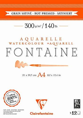 Clairefontaine 975948C - Bloc Encollé 2 Côtés Fontaine - 12 Feuilles Papier Aquarelle Blanc 100% Coton Grain Satiné Qualité Professionnelle A4 21x29,7 cm 300g