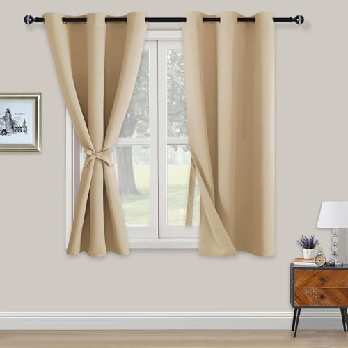 XWZO Blackout Curtains Shades Window Curtain Panels with Tiebacks- Noise Reduction and Thermal Insulated Eyelet Curtains for Bedroom,Living Room,Office,Study Room Beige W46xL54