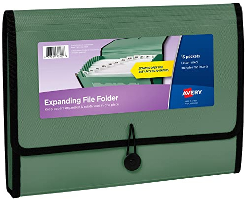 Avery Expanding File Folder Organizer, 13-Pocket Accordion File Organizer, Sage, Holds 425 Letter/A4-Size Sheets (73555)