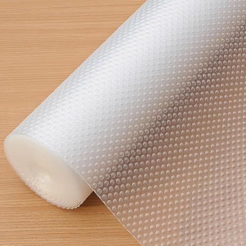 Hersvin Drawer Liners Shelf Mats 44.5cmx600cm Kitchen Cabinet Shelves Non-Adhesive Protective Lining EVA Plastic Oil-proof Non Slip Cupboard Refrigerator Shelving Protector (Clear Dot)