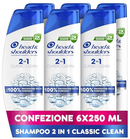 Head & Shoulders Shampoo e Balsamo Antiforfora 2 in 1 Classic Clean, Sensazione Di Freschezza 6x250ml