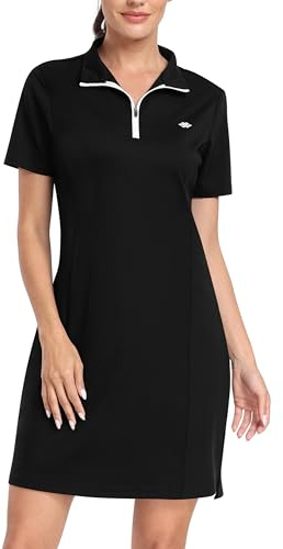 JINSHI Women's Golf Tennis Dress Short Sleeve Casual Sports Workout Athletic Polo Dresses with Zip Pockets Pockets Black Size US XS