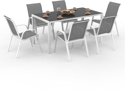 IDMarket – Salón de jardín Madrid Mesa 150 cm y 6 sillas apilables blanco y gris