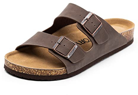 FITORY Mens Sandals, Arch Support Slides with Adjustable Buckle Straps and Cork Footbed for Summer Brownish Yellow Size 8.5