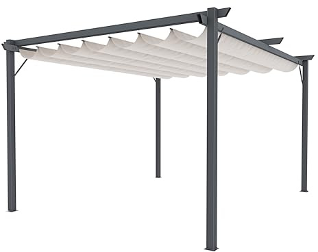 BRICOZONE Pergola Gazebo da Giardino con Telo Retrattile Impermeabile Richiudibile Struttura in Acciaio per Terrazzo Balcone Veranda Patio Piscina Esterno Design Moderno Elegante 3 x 4 M Beige