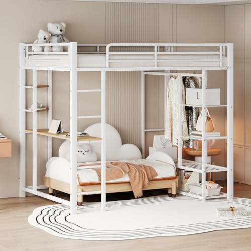 Dolamaní Cama alta de 140 x 200 cm con escritorio y estante para adolescentes y adultos, capacidad de carga de 120 kg, cama de metal con somier estable y zona abierta para colgar, color blanco