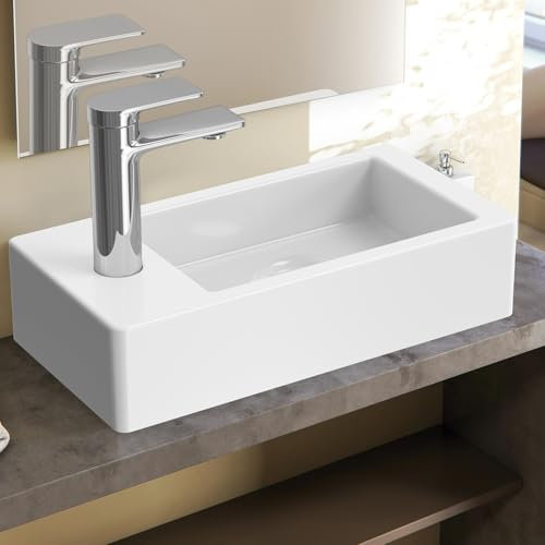 Lavabo Suspendu Salle de Bain Blanc Rectangulaire en Céramique, Lave Main WC, Mini Lavabo, Trou de Robinetterie à Gauche (370 x 180 x 90 mm)