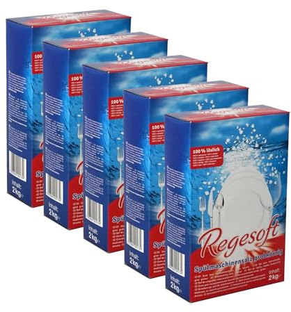 K+S Regesoft 1-6 10kg Geschirrspülsalz | 5 x 2kg Packung Spülmaschinensalz | Spezialsalz gegen Kalk Wasserflecken | Glänzendes Geschirr | Weiches Wasser