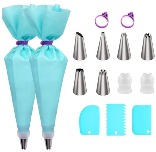 15PCS Piping Bags and Nozzles Set - Cake Decorating Kit - Reusable Icing Piping Kit - 6 Nozzles 2 EVA Piping Bags 3 Scrapers 2 Couplers 2 Rings - Baking Tools for Cakes Cupcakes Cookies