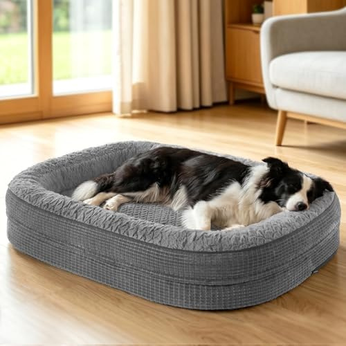 Pawk Large Dog Bed, Orthopedic Memory Foam Dog Beds, Washable Dog Bed, Fits up to 23kg, Four-Sided Neck Pillow, Good for Doberman Pinscher, Sheltie, Border Collie, Australian Herding Dog, Dark gray