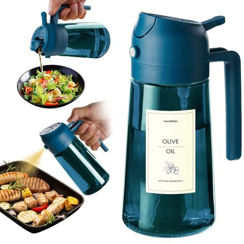 TrendPlain Pulverizador de Aceite Spray de Vidrio Azul 470ml - 2 en 1 Spray y Dispensador con Protección contra la Luz para Freidora de Aire, Ensaladas y Vinagre - Azul Marino