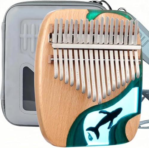 ILWHE Kalimba Thumb Piano, 17 Keys Wood Finger Piano with Carrying Case, Blue Whale Design (Small)