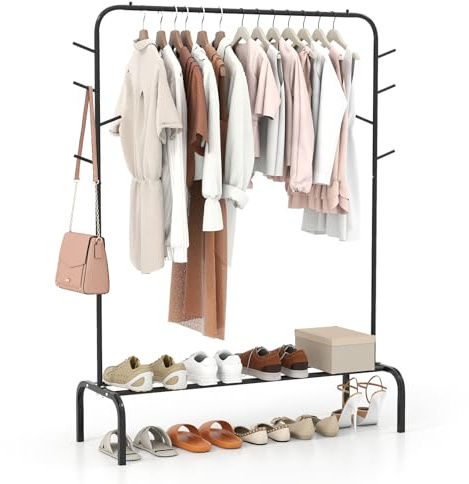 COSTWAY Clothes Rail, Heavy Duty Metal Clothes Rack Garment Stand with 8 Hooks, Hanging Rail and Storage Shelf, Freestanding Coat Hanger Clothing Organiser for Bedroom Wardrobe Hallway, Black