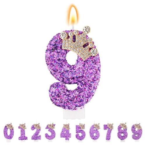 TESGADGETS Velas de cumpleaños lila, velas de cumpleaños con corona combinables con el número 9 para pasteles, vela brillante con el número 9 como adorno para celebraciones de aniversarios
