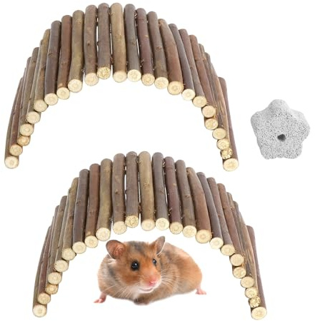 GZRXIOUS Set da 2 Giochi Criceto in Legno Naturale, Giocattoli da Masticare in Legno, Giochi per Conigli, Tunnel Ponte Flessibile per Roditori, Giocattoli per Criceti e Piccoli Animali