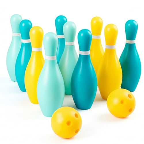 Ameble Bowlingspel för barn: 10 stift och 2 bollar. Inomhus och utomhus sportleksak. Bowlingspel i plast med lättvända stift för att utveckla koordinationen