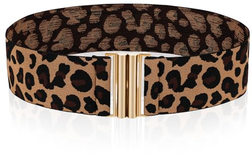 Amabro Stretch Taillengürtel für Damen, Schmaler Elastischer Breiter Bund Leopardenmuster Retro Kleid Tuck Gürtel Flache Schnalle(Gold)