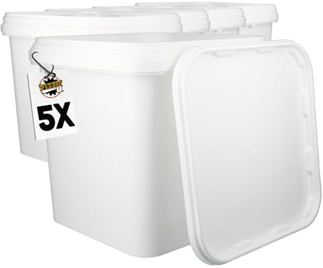 5 cubos con tapa de 5 l blancos rectangulares | Cubo de plástico apto para uso alimentario, hermético y estable | Cubo vacío con asa y tapa para alimentos, productos químicos, pegamentos