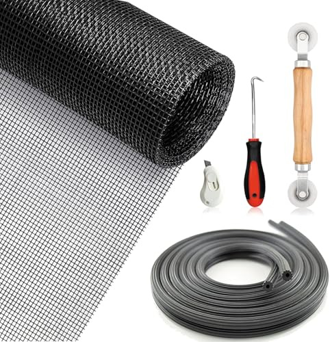 ACEBON Fliegengitter Meterware, 120 x 300 cm, Insektenschutz Gaze Fenster Mesh, Doppelrad Dichtungseinroller, Spline Haken, 15m Gummi Kederband (1er Set mit Werkzeugsatz)