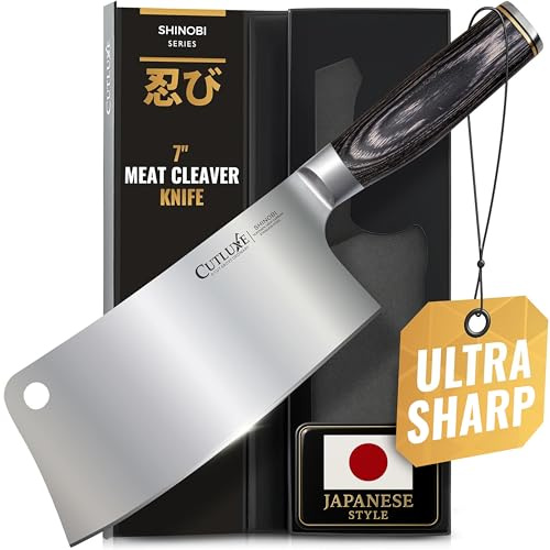 Cutluxe Meat Cleaver Knife – Ultra Sharp 7 Meat Cleaver, Butcher Knife, High Carbon Stainless Steel Blade, Full Tang Pakkawood Handle – Shinobi Series