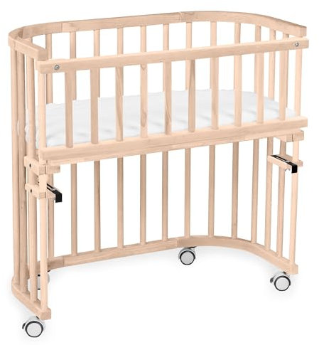 babybay Original Beistellbett aus massivem Buchenholz/kompakt & verwandelbar/Kinderbett Höhe stufenlos verstellbar/mitwachsendes Babybett (Natur unbehandelt) / inkl. Matratze, Gitter, Rollen