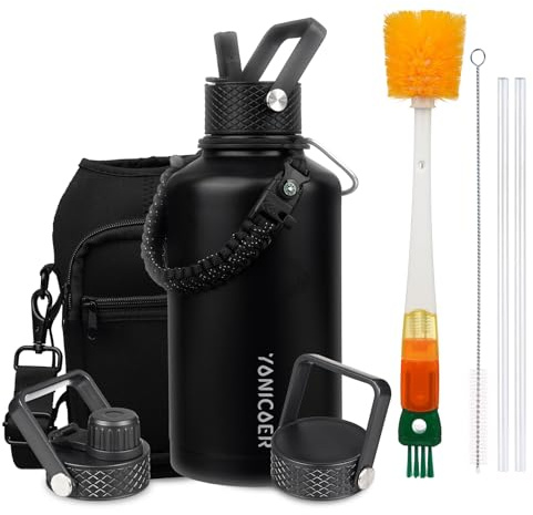 YONICOER Insulated Water Bottle 64oz,Triple Wall Vacuum Stainless Steel(Dishwasher Safe),Leak Proof & Non-BPA,Flask Jug with Paracord Handle & Straw Spout Lids Sports Black