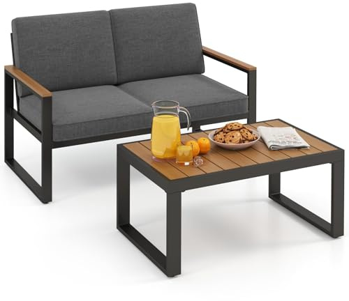 RELAX4LIFE Tavolo da Giardino con Sedie, Tavolo da Esterno con Divano a 2 Posti, Panca da Giardino con Tavolino in Alluminio con Cuscini e Braccioli, per Interno, Cortile e Terrazza, 124×72×75cm