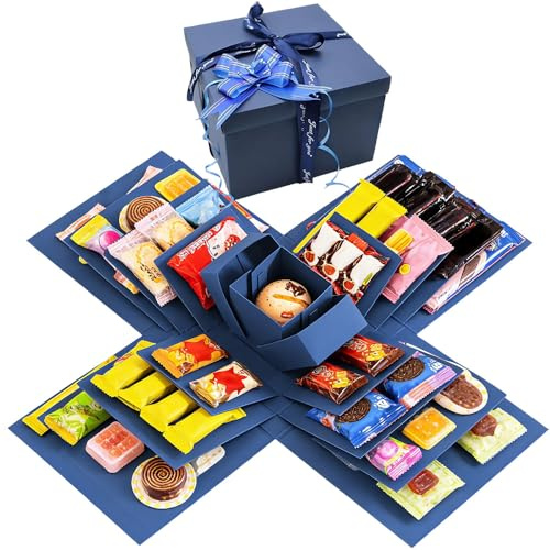 Explosion Gift Box, 5 Layer Snack Explosion Box, Creative Surprise Container‌ with Tape and Ribbon for Birthdays, Wedding, Mother's Day, Anniversaries, Valentine's Day (Blue)