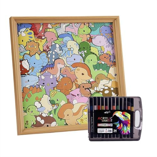 Rompecabezas de madera para colorear de dinosaurio, marco de rompecabezas de dinosaurios de madera, pintado a mano, rompecabezas de bloques de construcción con marco y bolígrafos para amantes de los