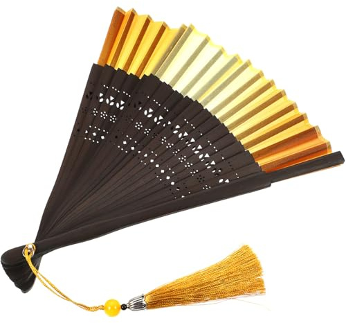 IMIKEYA Ventaglio pieghevole a mano stile cinese con frange colore giallo sfumato, leggero e portatile per danza, feste, matrimoni e accessori vintage in bambù