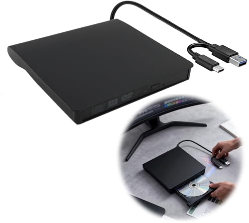External CD DVD Drive for Laptop, Portable External DVD Drive with USB & Type-C, Slim CD Drive for Laptop with High-Speed Reading, Low-Noise Operation, Plug-and-Play Use for Home Office and Travel