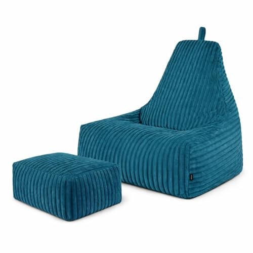 PATCH HOME Deluxe Cord sittsäck lounge fåtölj – gaming saccosäck set med fotpall – bekväm manchesterfåtölj med fyllning – vardagsrum och sovrumsmöbler (petrol, XXL – sittsäck pallset)