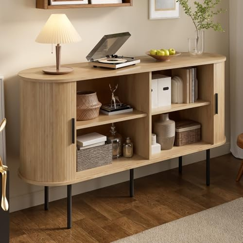 EURHCIO Buffet Cuisine Ovale 140x40x78cm,Buffet Salle a Manger,Rangement Cuisine avec 2 Portes Coulissantes,6 Espaces de Rangement,Pieds en Métal,pour Salon(C-Naturel, 3)