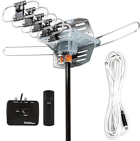 Five Star Outdoor 150 Mile Motorized 360 Degree Rotation OTA Amplified HDTV Antenna for 2 TVs Support - UHF/VHF/1080P Channels Wireless Remote Control - 40 FT RG6 Coax Cable