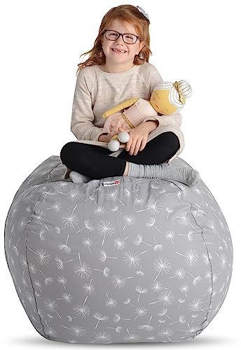 Creative QT Stuff ’n Sit Extra Large 38’’ Bean Bag Storage Cover for Stuffed Animals & Toys – Gray Dandelion Print – Toddler & Kids’ Rooms Organizer – Giant Beanbag Great Toy Hammock Alternative