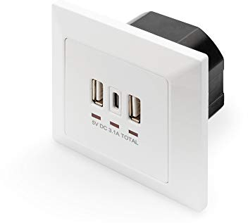 DIGITUS DA-70618 - Cargador USB (3 conectores USB-A y 1 puerto USB-C), 5 V/3,1 A en total, 250 V, 50 Hz, color blanco