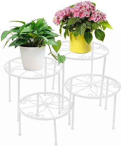 Dazone Support Plante en Fer Forgé Lot de 4, Porte-plante, Étagère Plantes Intérieur ou Extérieur, Présentoir de Pot de Fleurs pour Balcon Jardin Terrasse (Blanc)