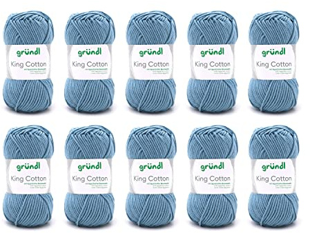 Gründl Wolle King Cotton - dicke Wolle zum Stricken - Strickgarn - Häkelgarn - weich und hautfreundlich - 55% Polyacryl, 45% Baumwolle - 10 Knäuel 50 g / 78 m - Nadelstärke 6-7 - jeans