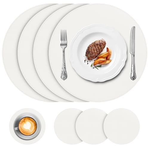 APLKER Platzsets Leder 4er Set, 33cm Tischsets Abwaschbar Lederoptik Kunstleder Wasserdicht Platzdeckchen und Untersetzer für Küche Speisetisch, Weiss