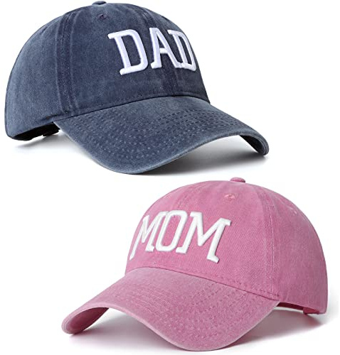 Lot de 2 casquettes de baseball brodées réglables pour maman et papa, cadeau classique pour les parents, les couples, cadeau classique pour maman papa, Chapeau papa bleu marine et chapeau maman rose,