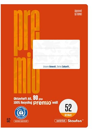 Staufen Premio Oktavheft - 2 Hefte je 32 Blatt, DIN A6, Lineatur 52 (5 mm kariert), 90 g/m² Recyclingpapier, runde Ecken verhindern „Eselsohren“