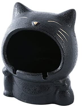 SUREK Elegante Cenicero Grande de cerámica con Forma de Gato Creativo, cenicero Bonito para Puros con Ceniza antimoscas para Interior y Exterior, 11x13 cm/4,3x5,1 en Negro fácil de Usar