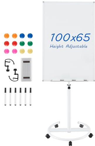LIFEZEAL Pizarra blanca móvil con soporte, 100x65cm, Altura ajustable 132/192cm, Inclinación 16°, Pizarra magnética con ruedas bloqueables para Oficina, Escuela (Blanco)