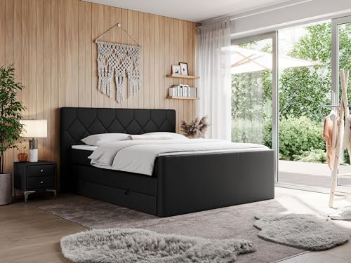 MKS MEBLE King Boxspringbett 200x200, Polsterbett 200x200 mit Bettkasten, Bett 200x200 mit Multipocket-Matratze H3, Boxspringbett 200x200 mit Kopfteil und Topper - H3 Schwarz Kunstleder - Eigar