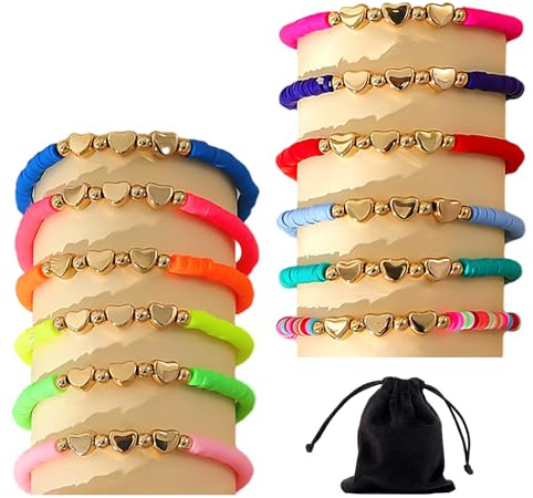 NyxSeat 12 stycken hjärtformade armband, 1 st. förvaringsväska, flickarmband, vänskapsarmband, färgglada barnarmband, justerbara armband för kvinnor och flickor, Porslin