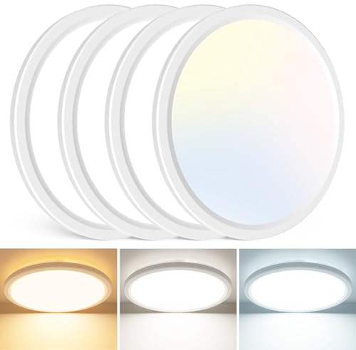 slochi LED Deckenlampe 4 Stück, 23CM 3 Farben Deckenleuchte 3000K/4000K/6500K, 18W Flach Rund BadLampe Decke, Wasserfest Deckenlampen Lampen für Badezimmer Küche Flur Schlafzimmer